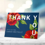 Navy Blue Bat Mitzvah Modern Red Floral Watercolor Thank You Card<br><div class="desc">Make sure your favourite Bat Mitzvah shows her appreciation to all who supported her milestone event! Send out this sophisticated, personalised invitation! A chic, stunning, floral watercolor with modern san serif type overlays a navy blue background. Personalise the custom text with your Bat Mitzvah’s name. Guaranteed to add a stylish...</div>
