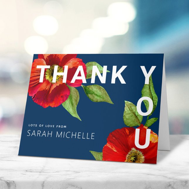 Navy Blue Bat Mitzvah Modern Red Floral Watercolor Thank You Card (Creator Uploaded)