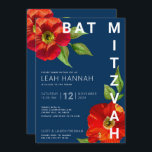 Navy Blue Bat Mitzvah Red Floral Watercolor Modern Invitation<br><div class="desc">Be proud, rejoice and showcase this milestone of your favourite Bat Mitzvah with this sophisticated, personalised invitation! A chic, stunning, red floral watercolor with modern san serif type overlays a navy blue background. Personalise the custom text with your Bat Mitzvah’s name, date, and venue information. Guaranteed to add stylish fun...</div>
