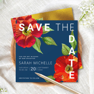 Navy Blue Bat Mitzvah Red Floral Watercolor Square Save The Date