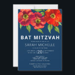 Navy Blue Bat Mitzvah Red Watercolor Floral Modern Invitation<br><div class="desc">Be proud, rejoice and showcase this milestone of your favourite Bat Mitzvah with this sophisticated, personalised invitation! A chic, stunning, red floral watercolor with modern san serif type overlays a navy blue background. Personalise the custom text with your Bat Mitzvah’s name, date, and venue information. Guaranteed to add stylish fun...</div>