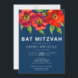 Navy Blue Bat Mitzvah Red Watercolor Floral Modern Invitation<br><div class="desc">Be proud, rejoice and showcase this milestone of your favourite Bat Mitzvah with this sophisticated, personalised invitation! A chic, stunning, red floral watercolor with modern san serif type overlays a navy blue background. Personalise the custom text with your Bat Mitzvah’s name, date, and venue information. Guaranteed to add stylish fun...</div>