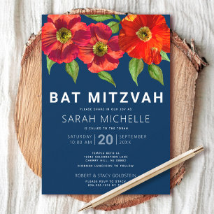 Navy Blue Bat Mitzvah Red Watercolor Floral Modern Invitation