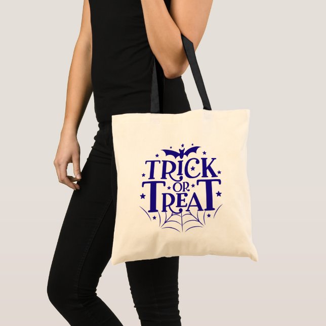 Navy Blue Bat Stars Spiderweb Trick or Treat Tote Bag (Front (Product))