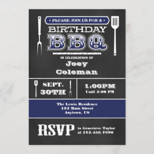 Navy Blue BBQ Birthday Chalkboard Invitation