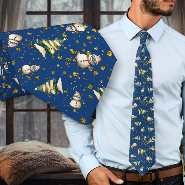 Navy Blue Beach Christmas Snowman Pattern neck tie (Creator Uploaded)
