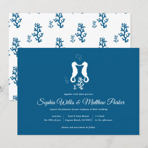 Navy Blue Beach Coral and Seahorse Wedding Invitation