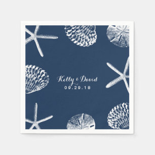 Navy Blue Beach Seashells Wedding Napkin