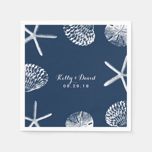 Navy Blue Beach Seashells Wedding Napkin (Front)