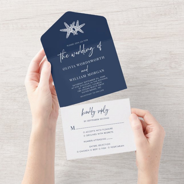 Navy Blue Beach Starfish Minimal Wedding All In One Invitation (Tearaway)