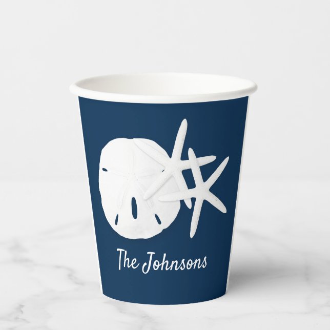 Navy Blue Beach Starfish Sand Dollar Personalised Paper Cups (Front)