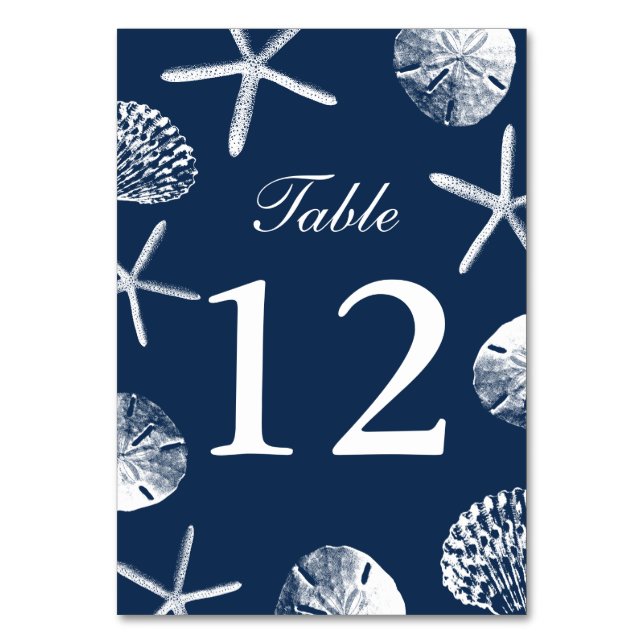 Navy Blue Beach Theme Seashells Table Numbers (Front)