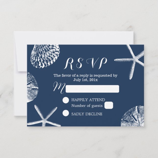 Navy Blue Beach Theme Seashells Wedding RSVP (Front)