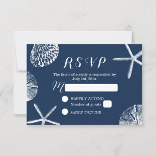 Navy Blue Beach Theme Seashells Wedding RSVP Card