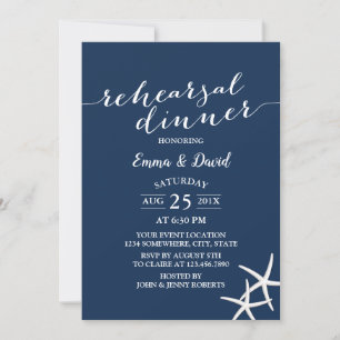 Navy Blue Beach Wedding Starfish Rehearsal Dinner Invitation