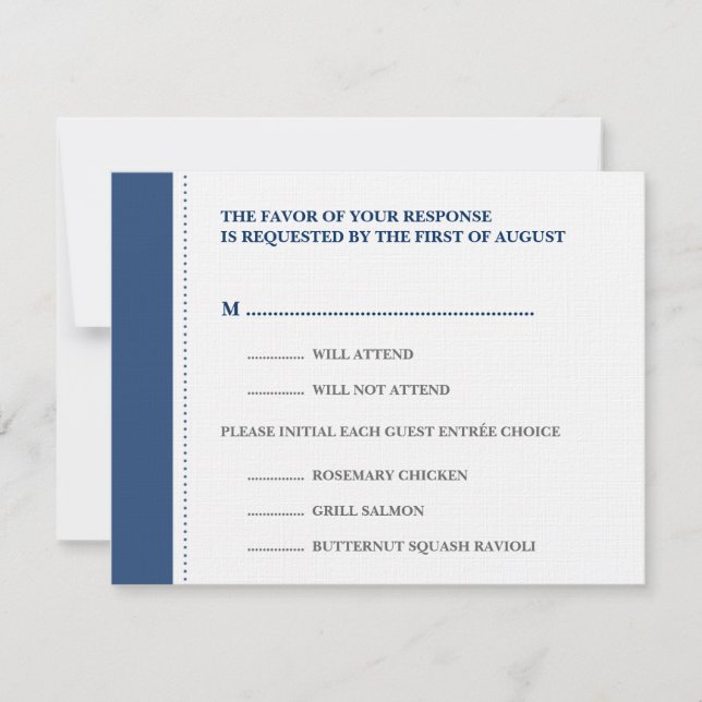 Navy blue beaded border wedding RSVP response card (Front)