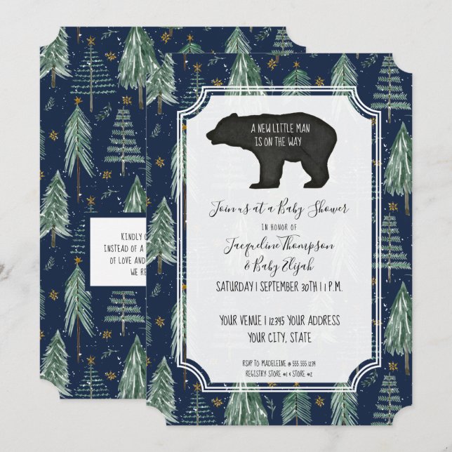 Navy Blue Bear Woodland Forest Baby Boy Shower Invitation (Front/Back)