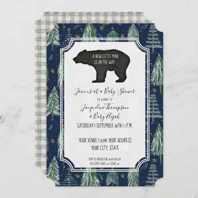 Navy Blue Bear Woodsy Forest Trees Baby Boy Shower Invitation (Front/Back)