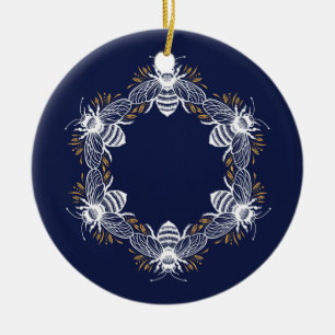 Navy Blue Bee Circle Ceramic Tree Decoration