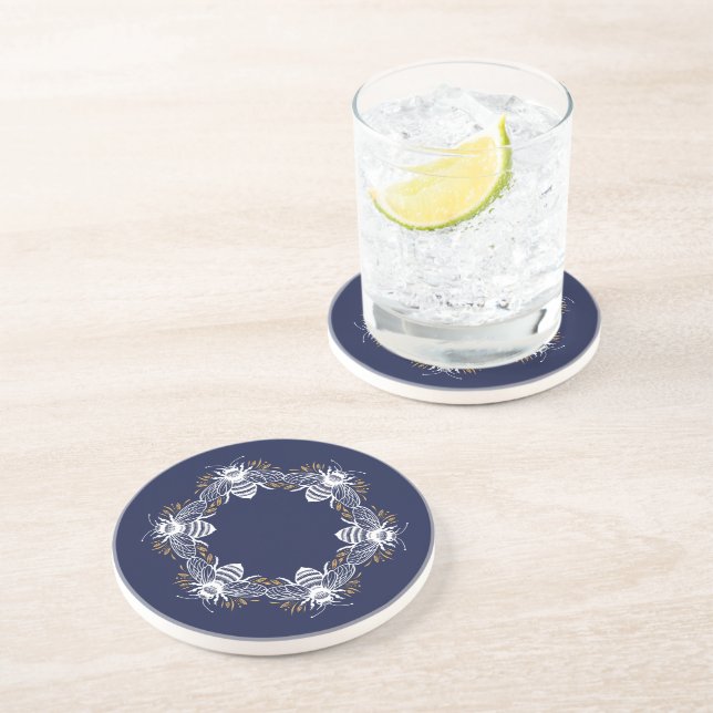 Navy Blue Bee Circle Coaster (Side)