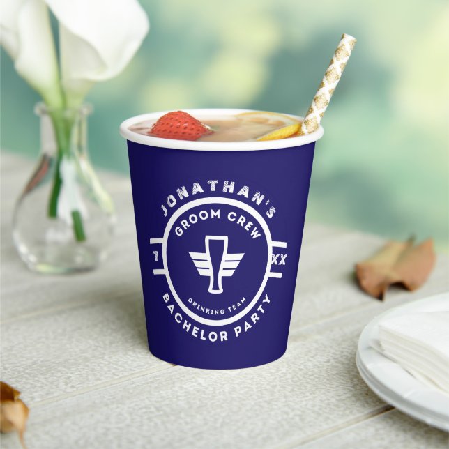 Navy Blue Beer Badge Bachelor Party Paper Cups (Insitu)