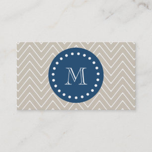 Navy Blue, Beige Chevron Pattern Your Monogram Business Card