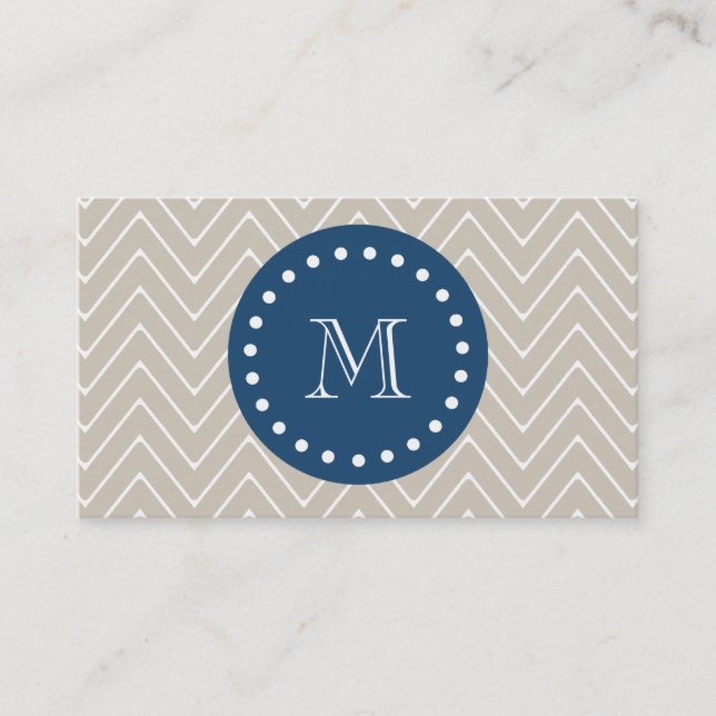 Navy Blue, Beige Chevron Pattern | Your Monogram Business Card (Front)