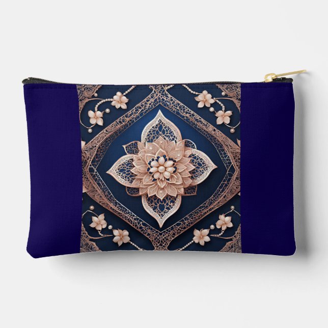 Navy blue & beige floral patterns AI art  Accessory Pouch (Back)