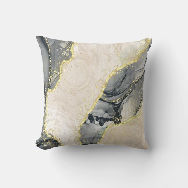 Navy Blue Beige Grey Gold Glitter Alcohol Ink Cushion (Front)