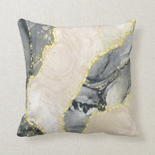 Navy Blue Beige Grey Gold Glitter Alcohol Ink Cushion