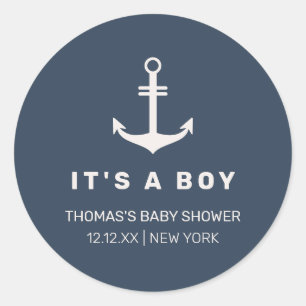 Navy Blue Beige Nautical Anchor Baby Shower  Classic Round Sticker