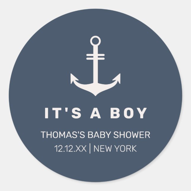 Navy Blue Beige Nautical Anchor Baby Shower  Classic Round Sticker (Front)