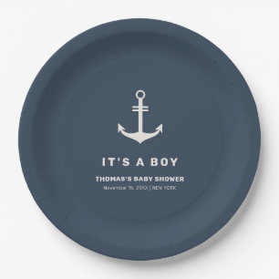Navy Blue Beige Nautical Anchor Baby Shower  Paper Plate