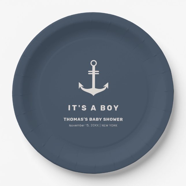 Navy Blue Beige Nautical Anchor Baby Shower  Paper Plate (Front)