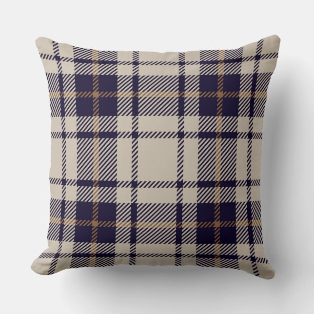 Navy Blue Beige Scottish Tartan Plaid Pattern Cushion (Front)