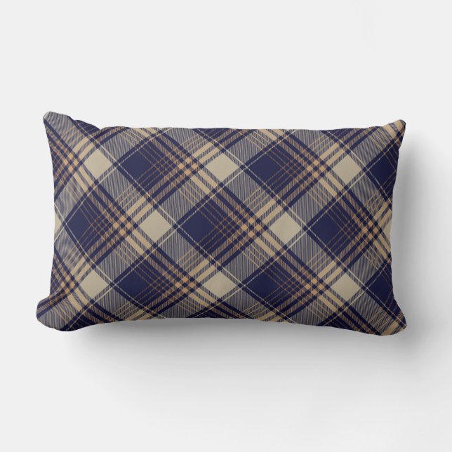 Navy Blue Beige Tartan Plaid Argyle Pattern  Lumbar Cushion (Front)