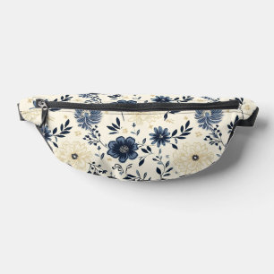 Navy Blue Beige Vintage Folk Art Flowers Bum Bags