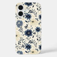 Navy Blue Beige Vintage Folk Art Flowers