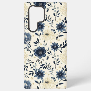 Navy Blue Beige Vintage Folk Art Flowers Samsung Galaxy Case