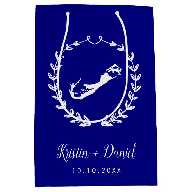 Navy Blue Bermuda Map Wedding Welcome Swag Medium Gift Bag (Front)