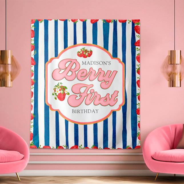 Navy Blue Berry First Strawberry Birthday Backdrop Tapestry (Creator Uploaded)