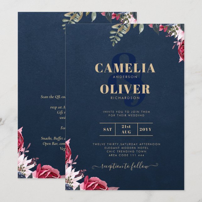 Navy Blue Berry Floral Burgundy Winter Fall Invitation (Front/Back)