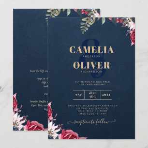 Navy Blue Berry Floral Burgundy Winter Fall Invitation