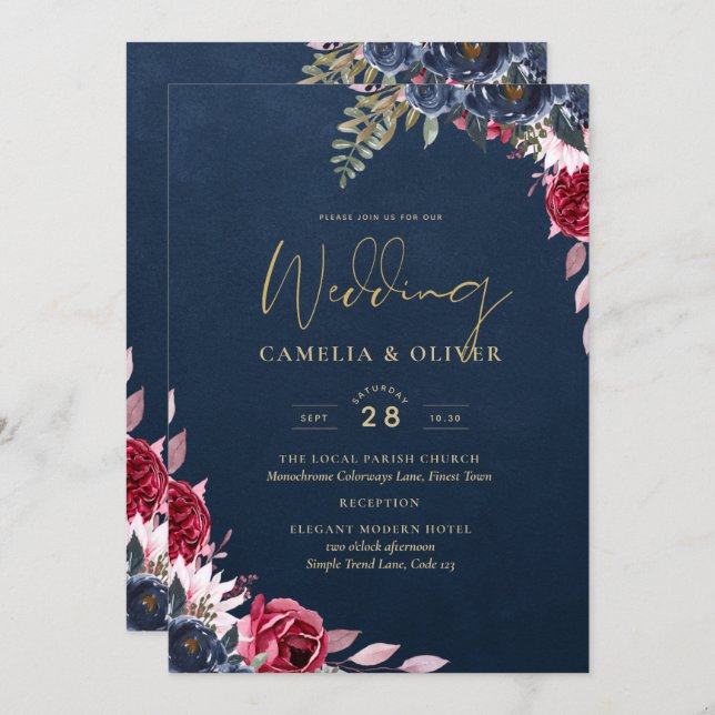 Navy Blue Berry Floral Burgundy Winter Fall Invitation (Front/Back)
