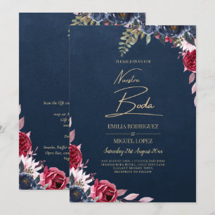 Navy Blue Berry Floral Burgundy Winter Fall Invitation