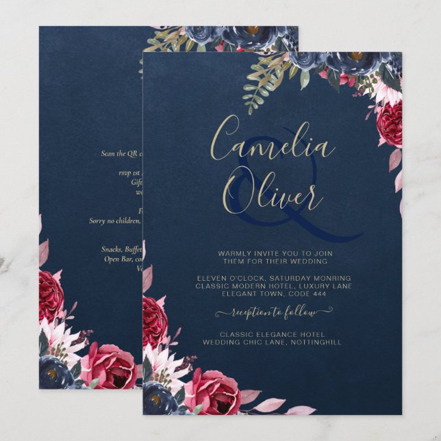 Navy Blue Berry Floral Burgundy Winter Fall Invitation (Front/Back)