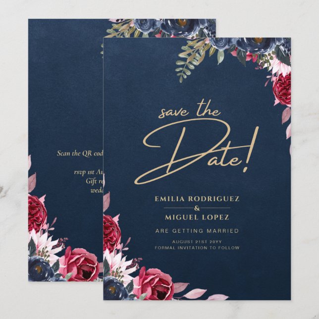 Navy Blue Berry Floral Burgundy Winter Fall Invitation (Front/Back)