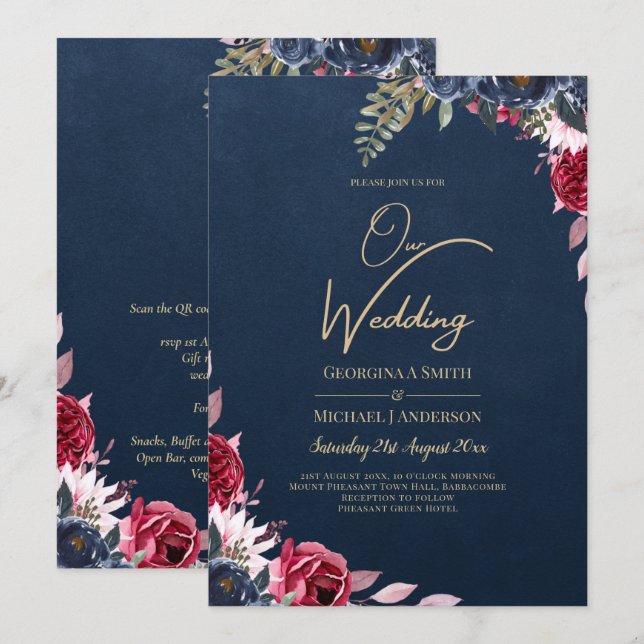 Navy Blue Berry Floral Burgundy Winter Fall Invitation (Front/Back)