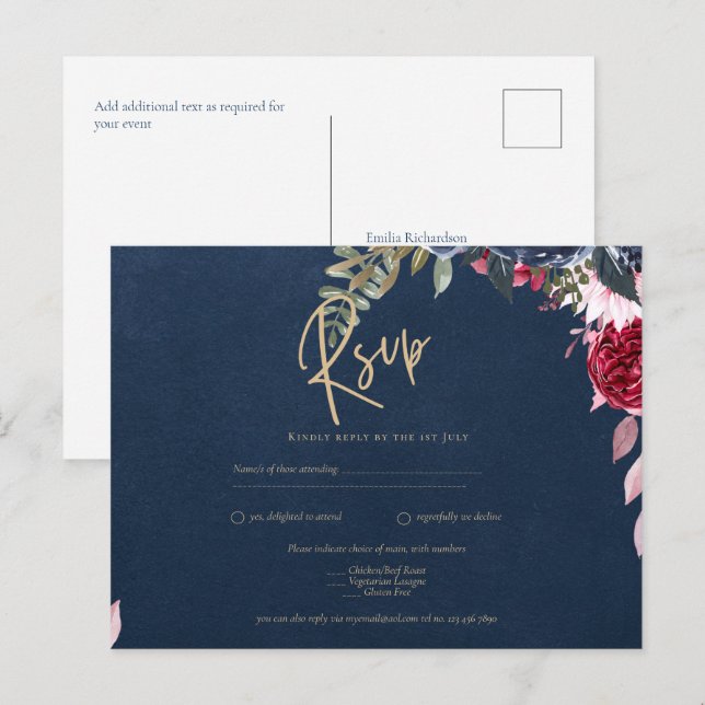 Navy Blue Berry Floral Burgundy Winter Fall Postcard (Front/Back)