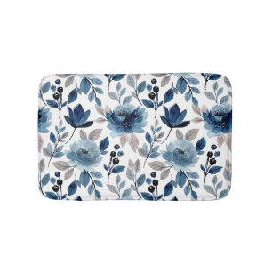 Navy Blue Berry Roses Floral Pattern Bath Mat